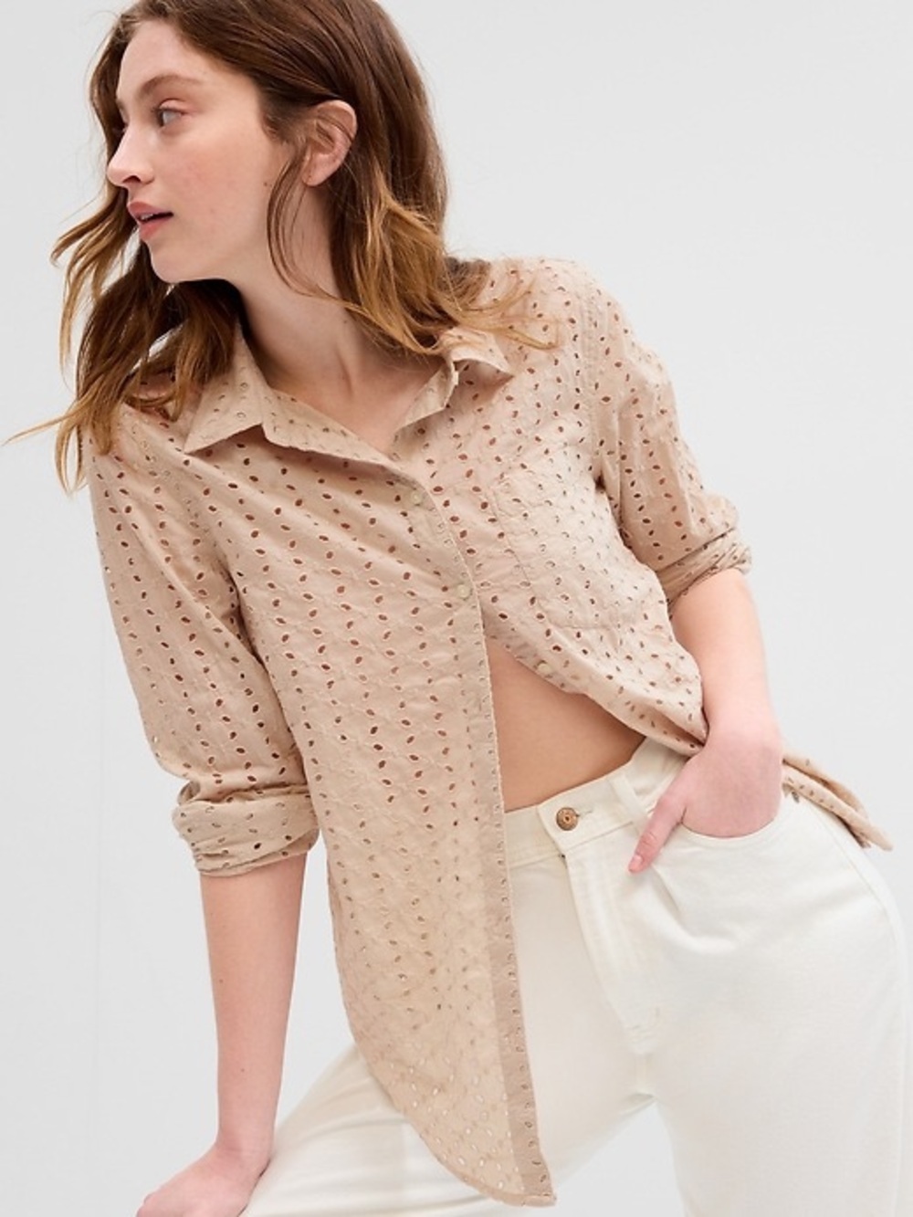 GAP Beige Eyelet Button-Down Shirt
